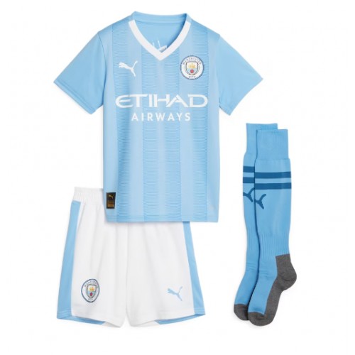 Lacne Dětský Futbalové dres Manchester City Erling Haaland #9 2023-24 Krátky Rukáv - Domáci (+ trenírky)